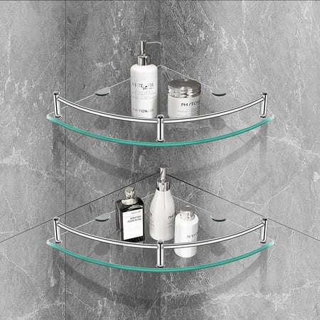 

Glass Corner Shelf Glass Shelves for Bathroom Rustproof Metal Bracket Shower Corner Shelf with Rail Wall Mounted Drill H