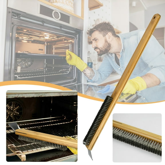 Pizza Oven Brush, Wooden Handle Grill Cleaning Brush With Scraper, Extended Baking Brush For Oven Rack Cleaning, Heavy Duty Wire Bristle BBQ Cleaning Tool