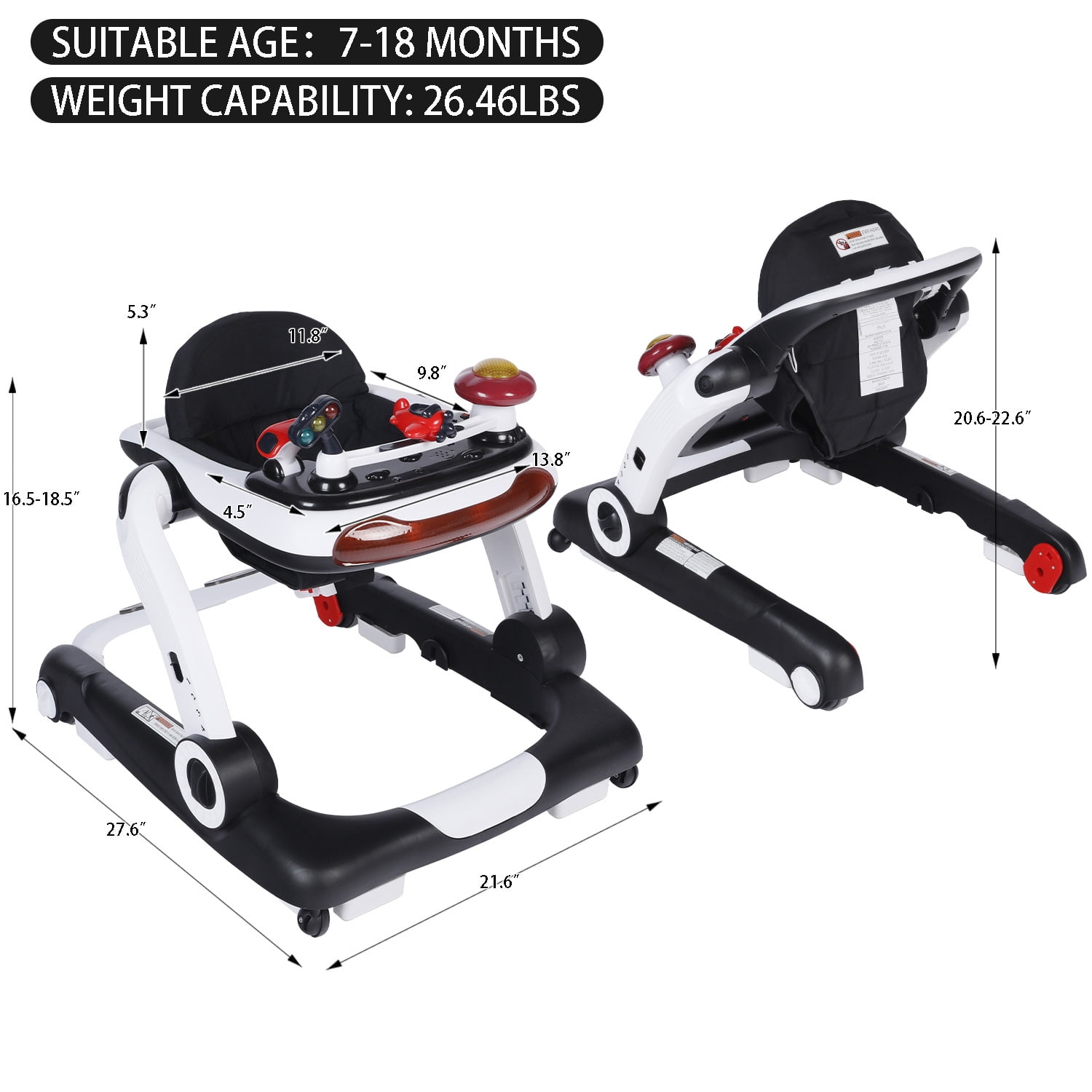 LINLUX Baby Walker w/ Music & Lights, Toddler Activity Walker w/ Seat, Black