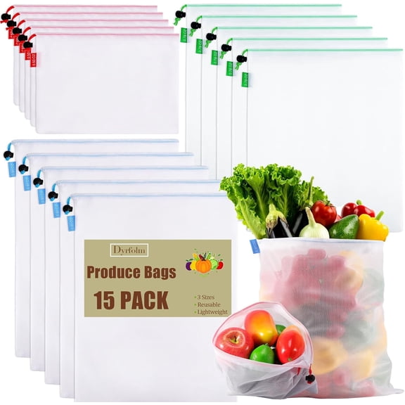 15 Pack Reusable Produce Bags,See-Through Vegetable Storage Bags with Drawstring &Colorful Tare Weight Tags,Washable Mesh Produce Bags for Grocery Shopping,Fruits,Vegetable(3 Sizes)