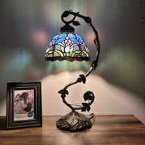 Tiffany Table Lamp Tulips Blue Purple Stained Glass Iron Metal Leaves LED Bulb Included Vintage for Living Room Dining Room Bedroom Bedside 21"H