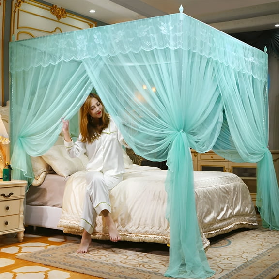 AUQ 4 Corners Post Ruffle Canopy Bed Curtains for Girls Kids Adults - Cute Cozy Drape Square Netting - 3 Opening Mesh Net Canopy - Princess Bedroom Decoration