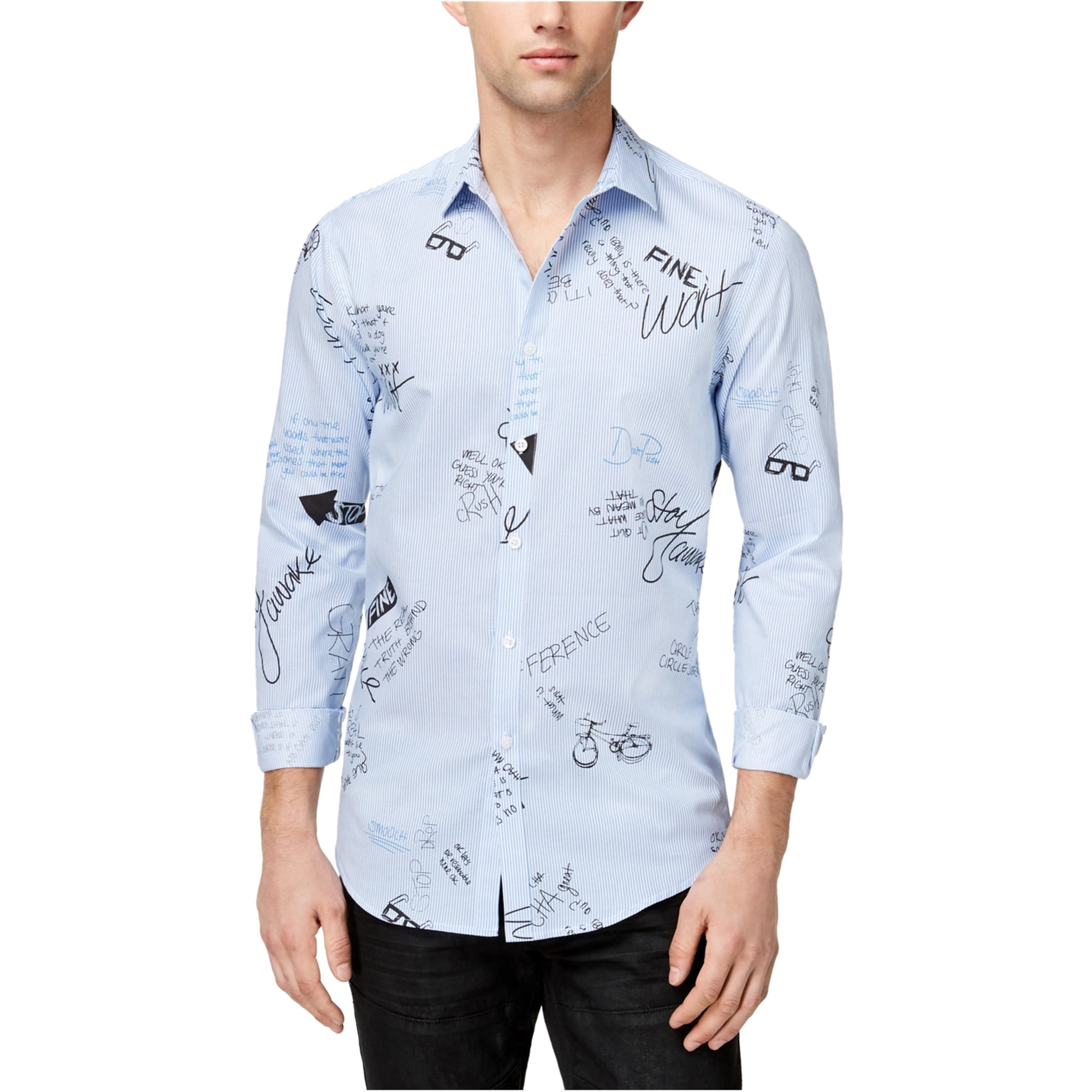 INC Mens Printed Button Up Shirt, Blue, XLarge