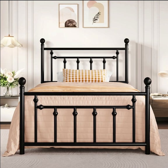 Amolife Twin Bed Frame, Metal Platform Bed with Vintage Headboard & No Box Spring Needed, Black