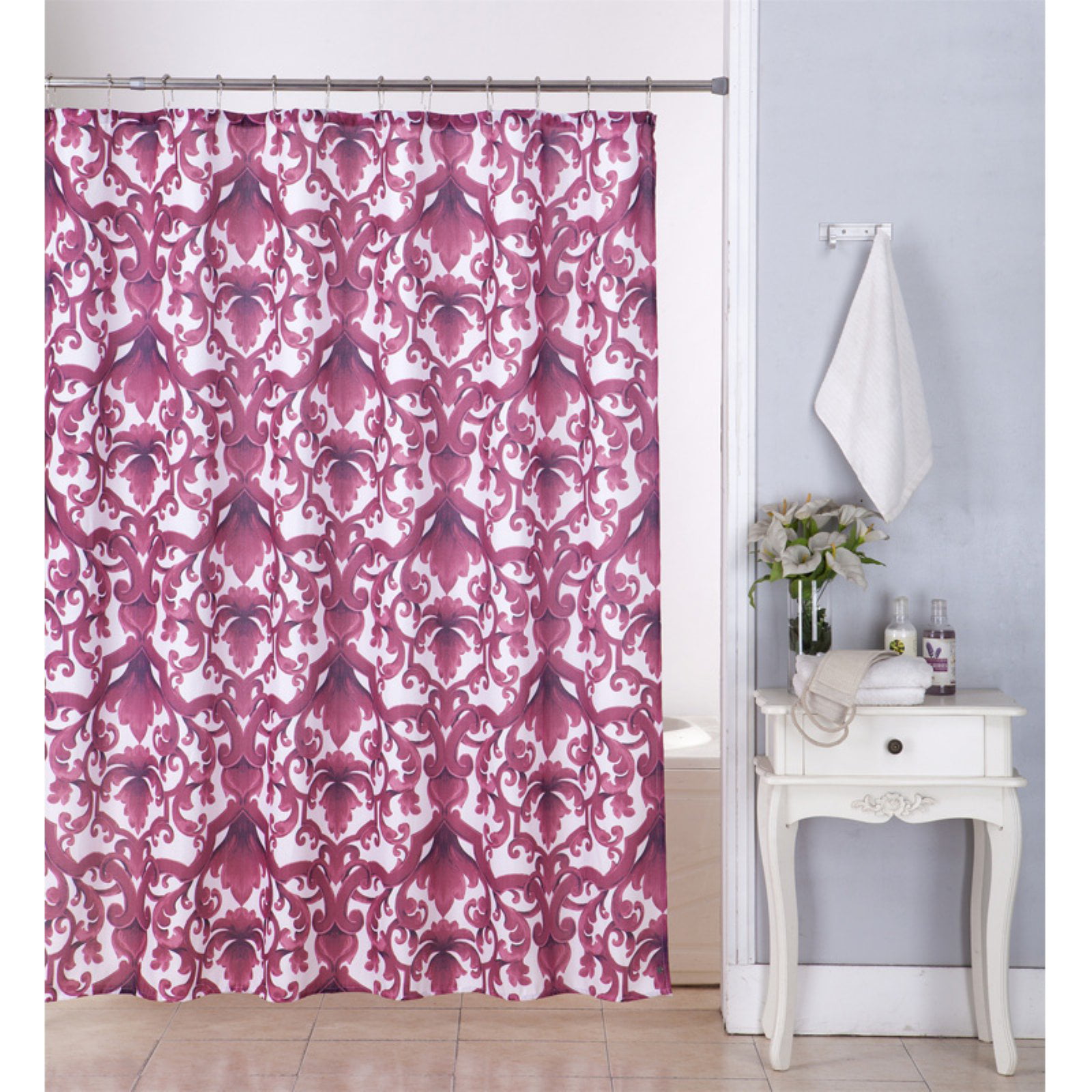 Burgundy 70"x70" Ariel Fabric Shower Bathroom Curtain Over-Sized Damask Print 