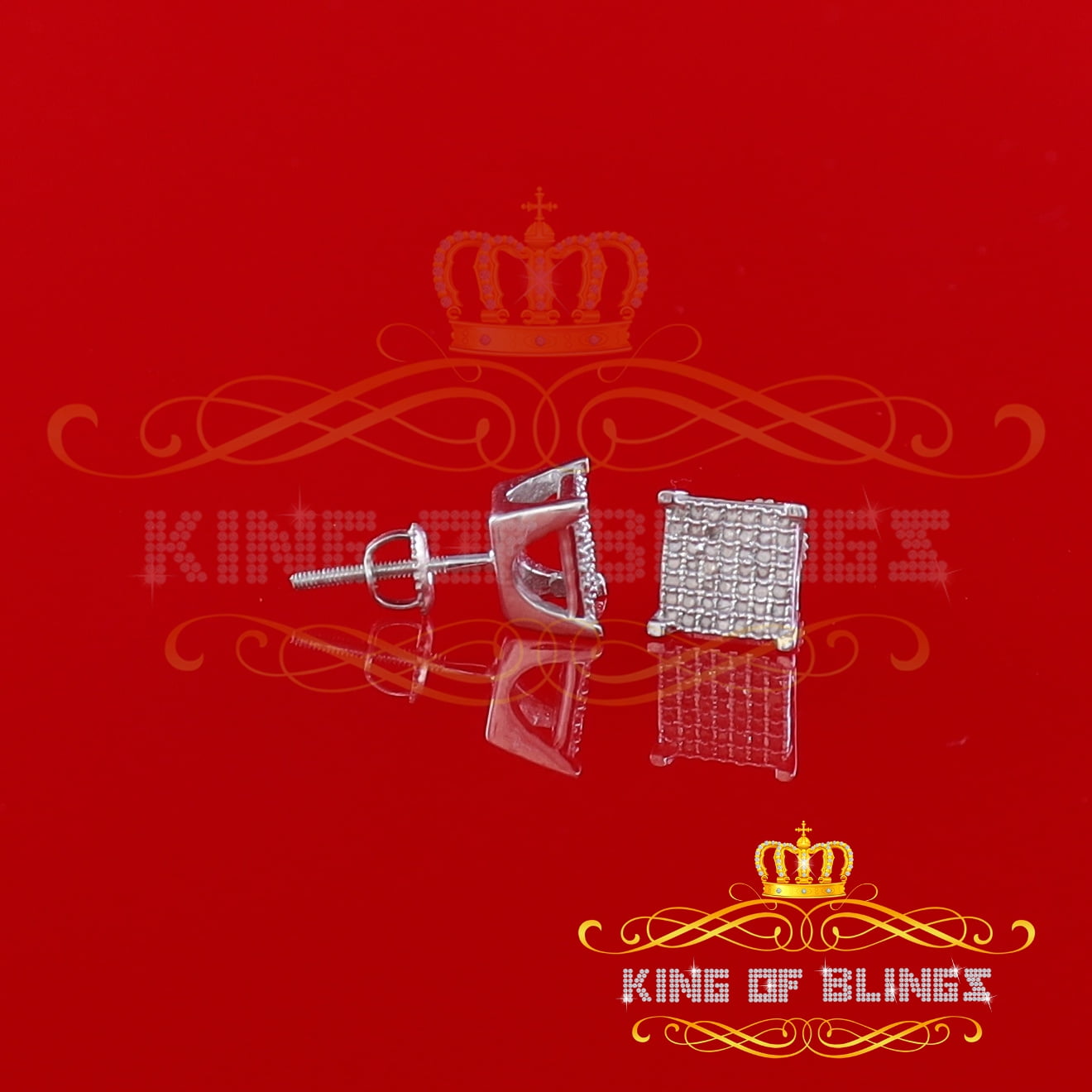 King of Bling's 925 White Silver 0.25ct Square Real Genuine Diamond Stud Men's Fashion Earrings