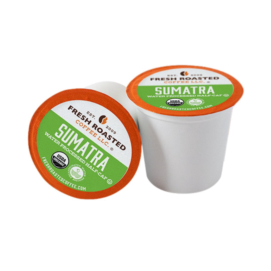 Fresh Roasted Coffee, Organic Sumatra Water-Processed Half Caf, Medium Roast, K-cup Compatible, 72 Count