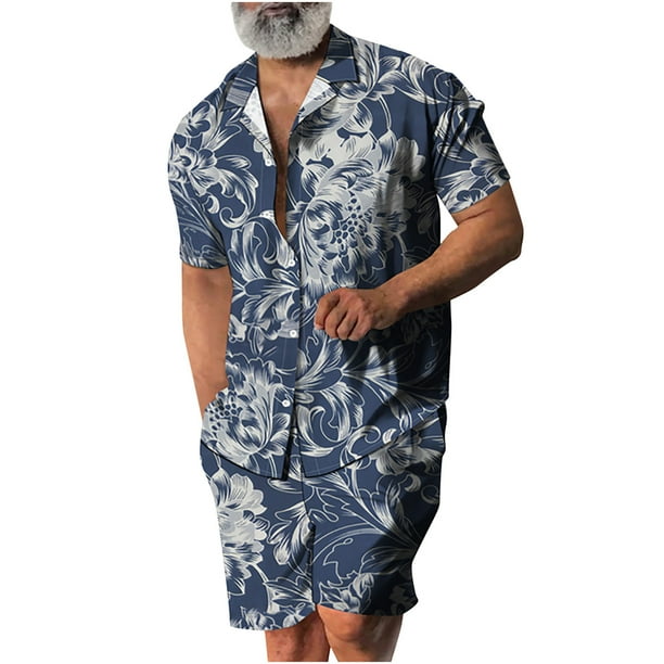Conjuntos de Tops Para Hombre Camisas Informales Conjuntos de Blusas Cárdigan Con Botones de Cobertura Conjunto de Pantalones de Playa de Manga Corta Con Estampado de Cobertura Odeerbi ODB152134