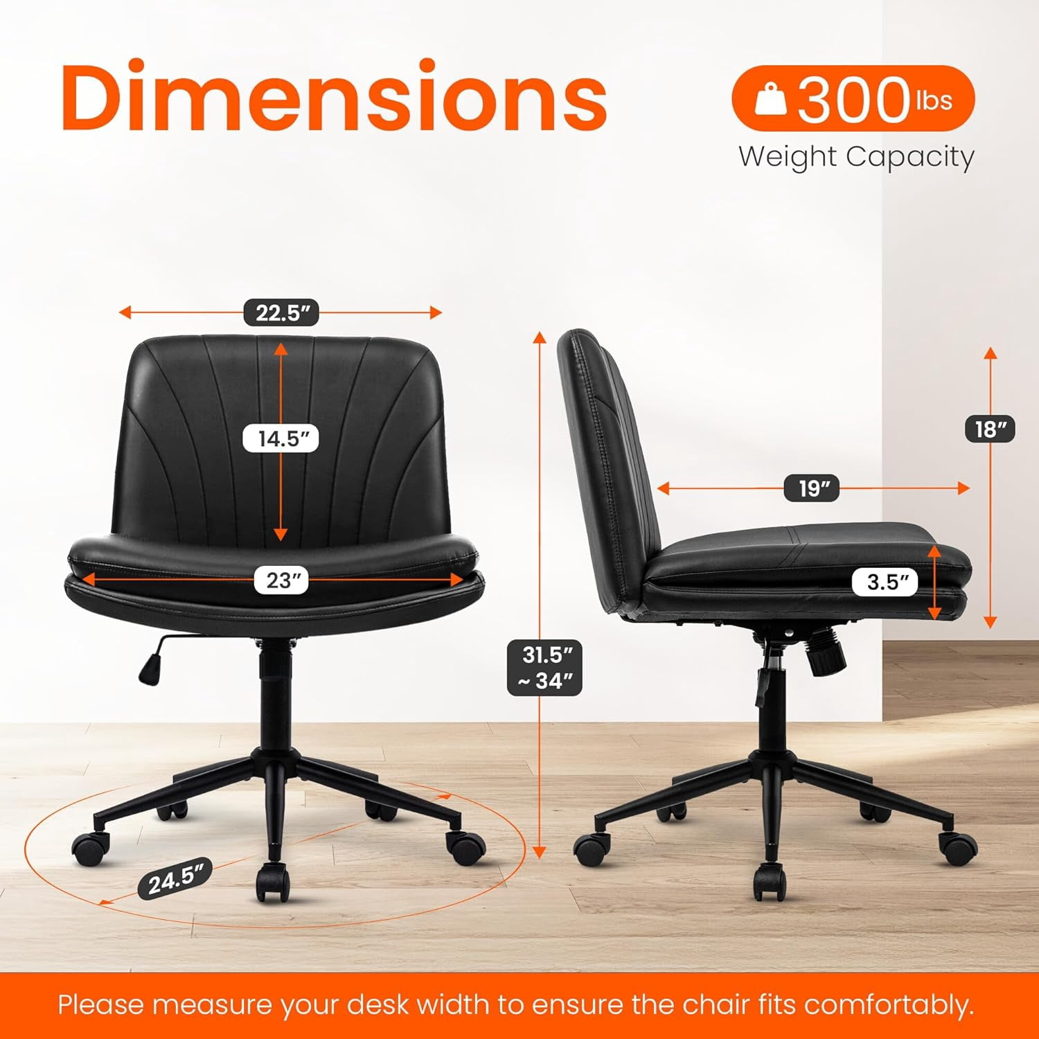 Orange Factory Criss Cross Chair with Wheels Comfy Wide Vanity Desk Chair Dual Base Leather Armless Adjustable Swivel for Home Computer Task (Black Pu, Faux Leather)