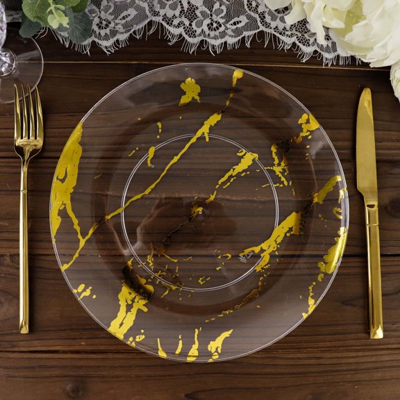 Efavormart Set of 10 | 10" Marble Disposable Plastic Plates, Dinner Plates - Clear & Gold for Wedding, Birthday, and Disposable Plates Party, Kitchen Dinnerware