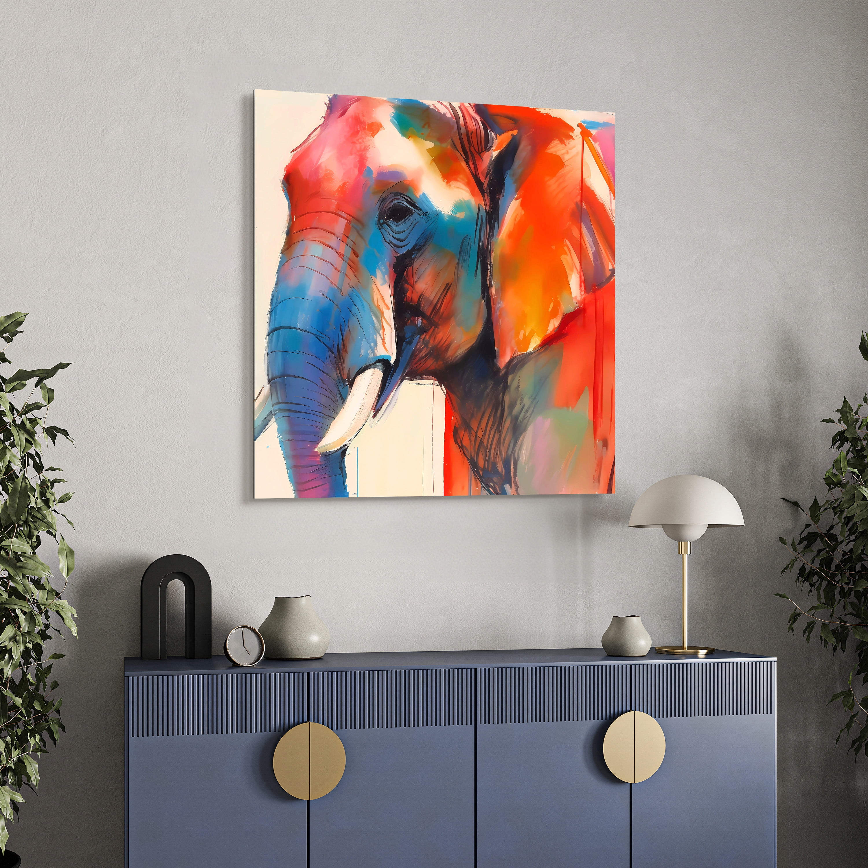 "Vibrant Majesty I" Elephant Frameless Free Floating Reverse Printed Tempered Art Glass Wall Art
