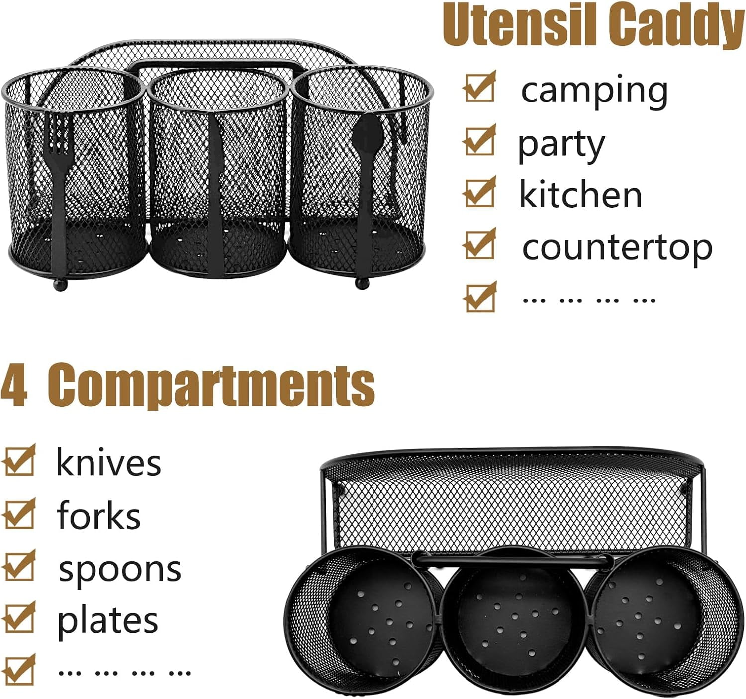 Utensil Caddy Silverware Holder - 4 Compartment Metal Mesh Cutlery Fork Spoon Napkin Plate Organizer Flatware Storage Basket Party Kitchen Countertop Buffet Picnic Camping Outdoor BBQ Silver