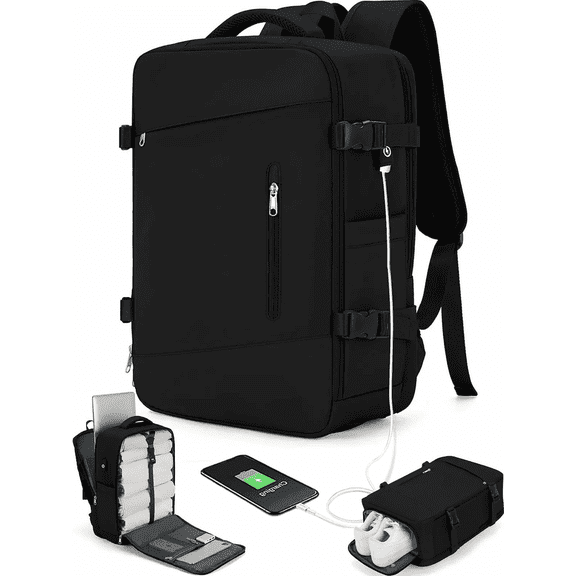 Large Travel Backpack for Adults, Carry on Backpack for Women Flight Approved Personal Item Backpack for Airlines, Business College Laptop Backpack for Men Waterproof Luggage Casual Daypack Black