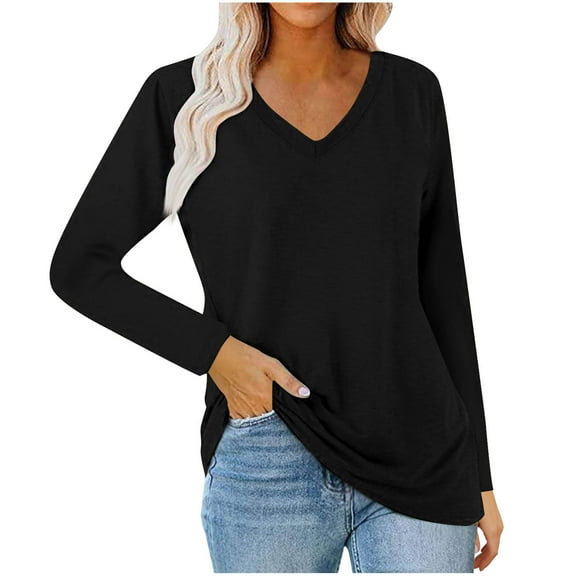 Arnsht (S-5XL) Womens Plus Size Solid Color V Neck Long Sleeve Shirts Casual Curved Hem Tunic Tops Basic Loose Fit T Shirts Tees Black L