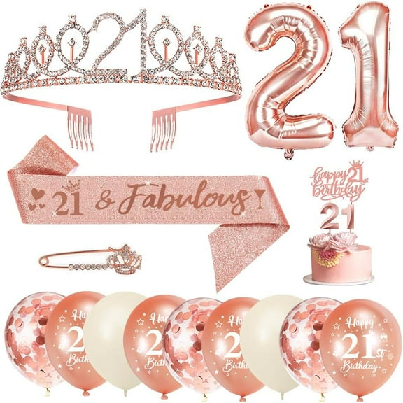 Birthday Crown Sash Women,Rose Gold Birthday Crown Tiara Rhinestone Headband Rose Gold Balloons Cake Topper for 21th Birthday Party Decorations Women Girls