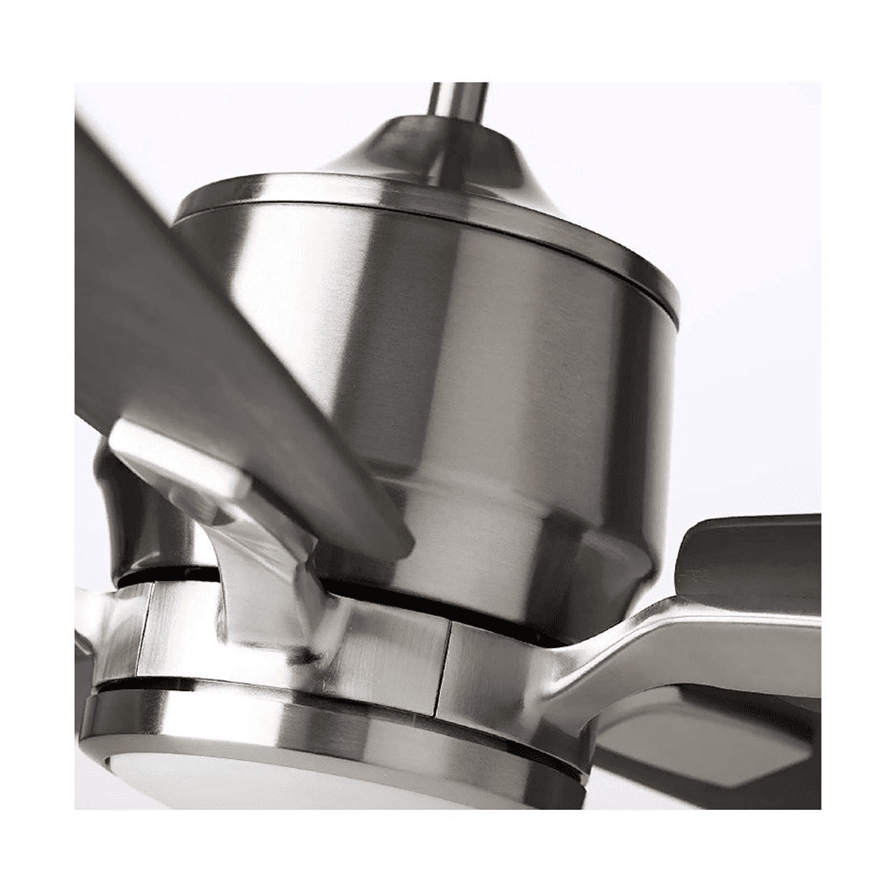 Luminance Kathy Ireland Home Ion Eco LED 60in Ceiling Fan with DC Motor | Hanging Fixture with Dimmable Light Kit, Wall Control, and Downrod Mount |  Brushed Steel  with Walnut Blades