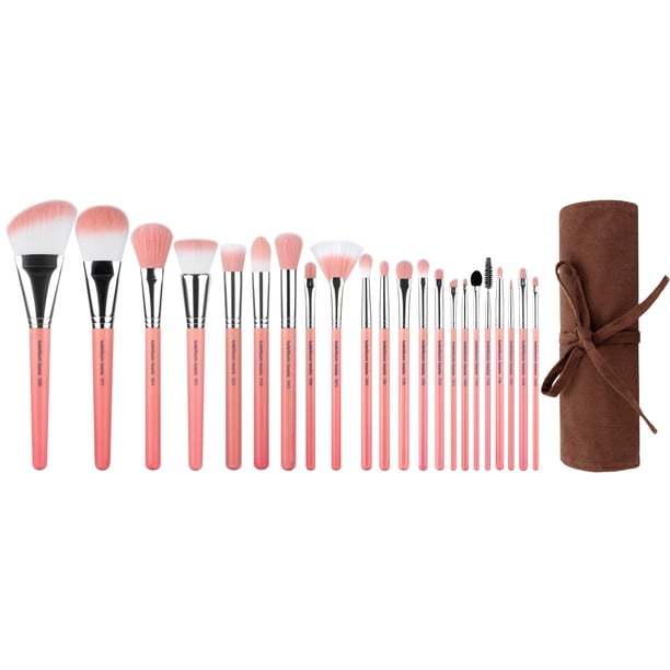 Bdellium Tools Brocha de maquillaje profesional Serie Pink Bambu - Deluxe 22 piezas. Juego de brochas con bolsa enrollable