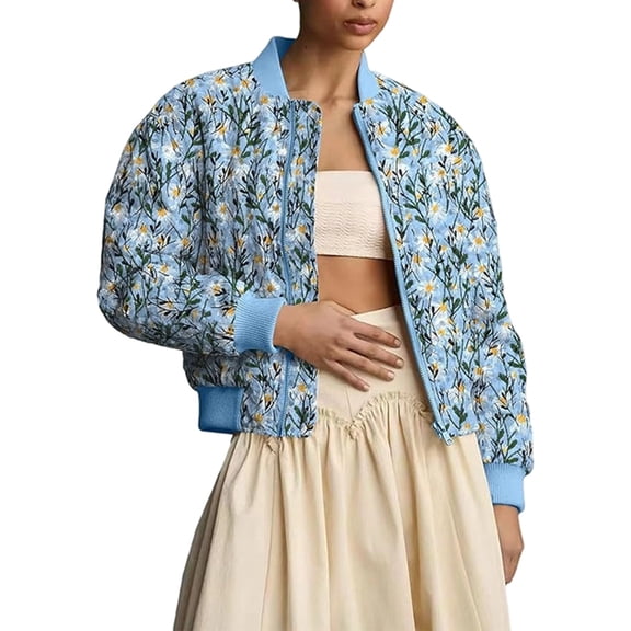 Women'S Embroidered Daisy Cropped Jacket Long Sleeve Quilted Puffer Jackets Padded Coat Outerwear Light Blue S