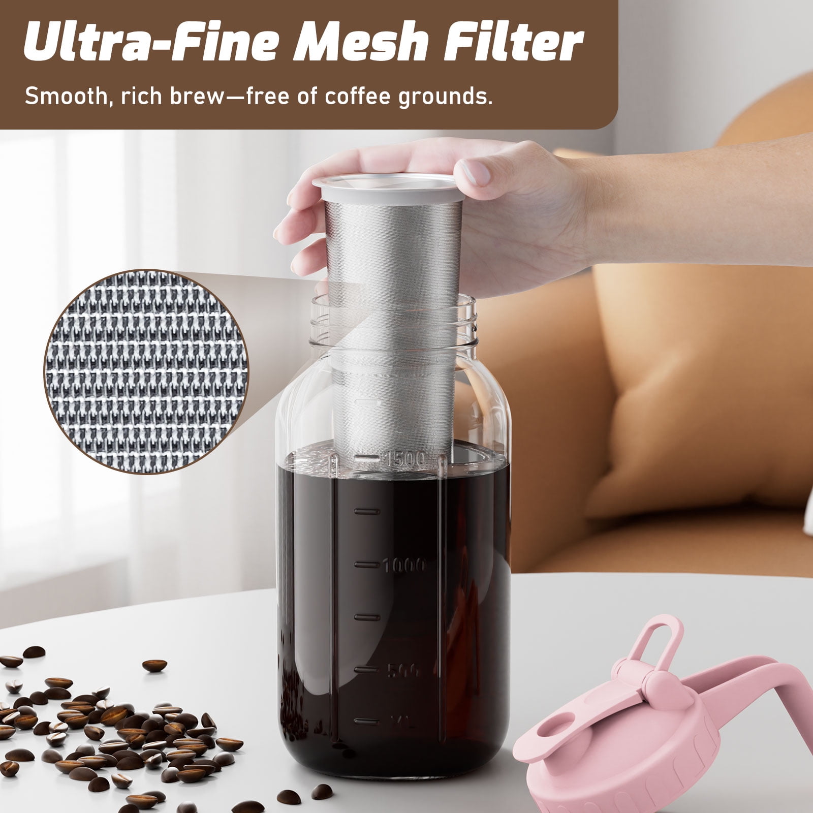 VA1KENE Cold Brew Coffee Pitcher 64oz Cold Brew Maker with Stainless Steel Filter Mason Jar Pitcher Pour Spout Handle Lid for Iced Coffee Tea Lemonade Pink