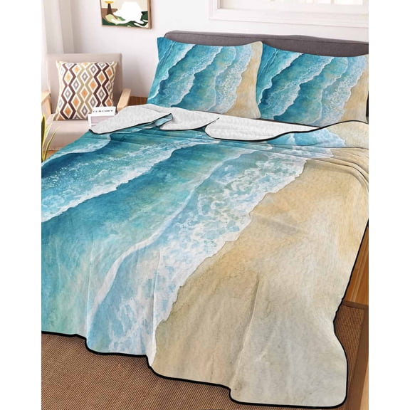 Aqua Coastal Queen Size Down Alternative Comforter, Lightweight Comforter Quilt Bedding Set with Pillow Shams Nautical Summer Beach Ocean Beige All Seasons Bed Comforter Duvet Insert 90"x96"