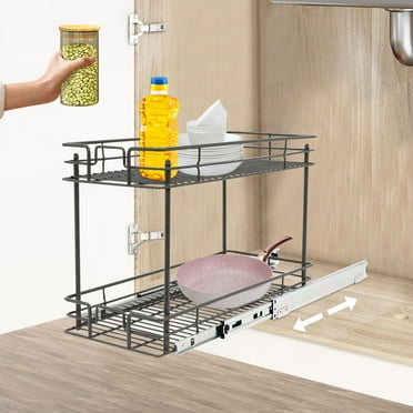 2 Tier Pull Out Cabinet Organizer Cabinet Pull Out Shelf Slide Out Kitchen Cabinet Storage Sliding Shelf Pull Out Shelf for Kitchen Bathroom Pantry Base Cabinet