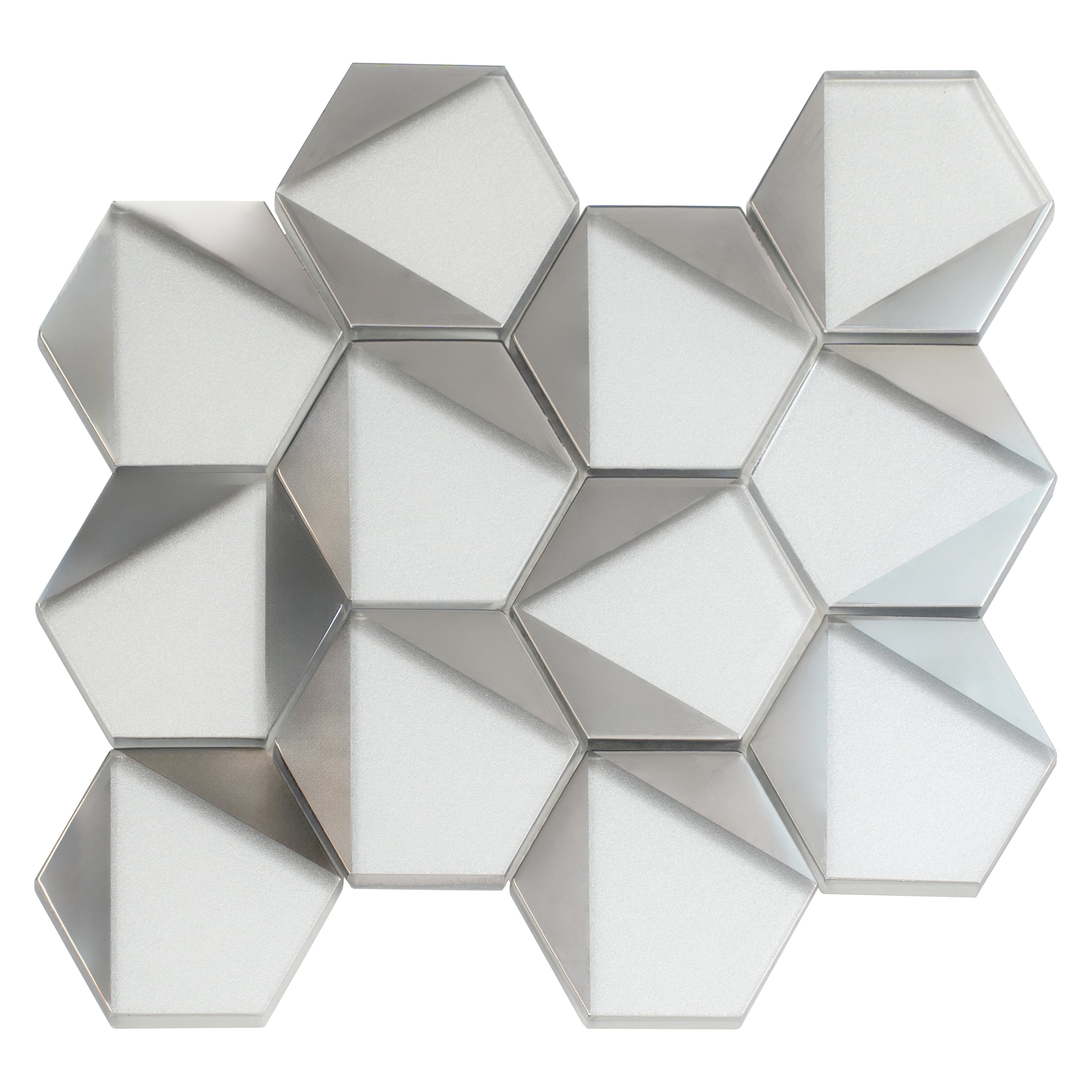 Mirari 9x11 in. Gray, Silver Glossy Glass 3D Trapezoid Mosaic Wall Tile (3.28 sq ft/case, 5-Pack)