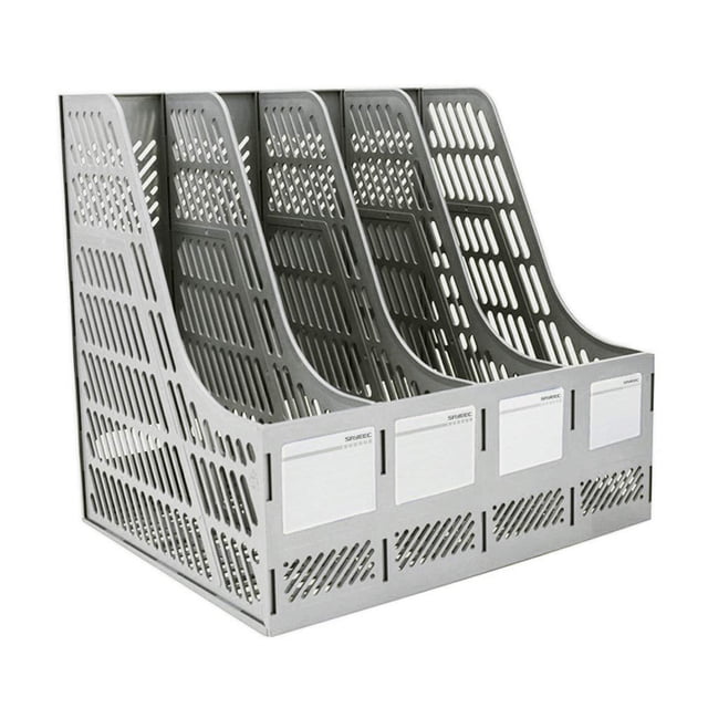 Estante organizador de escritorio de 4 secciones para revistas, marcos, separadores de archivos, gabinete para documentos, caja de almacenamiento y exhibición, color gris