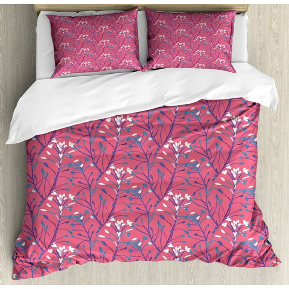 Botany Duvet Cover Set King Size, Retro Spring Blossoms Watercolor Flower Leaves Vivid Colors Print, Decorative 3 Piece Bedding Set with 2 Pillow Shams, Sea Blue Fuchsia Pastel Pink, by Ambesonne