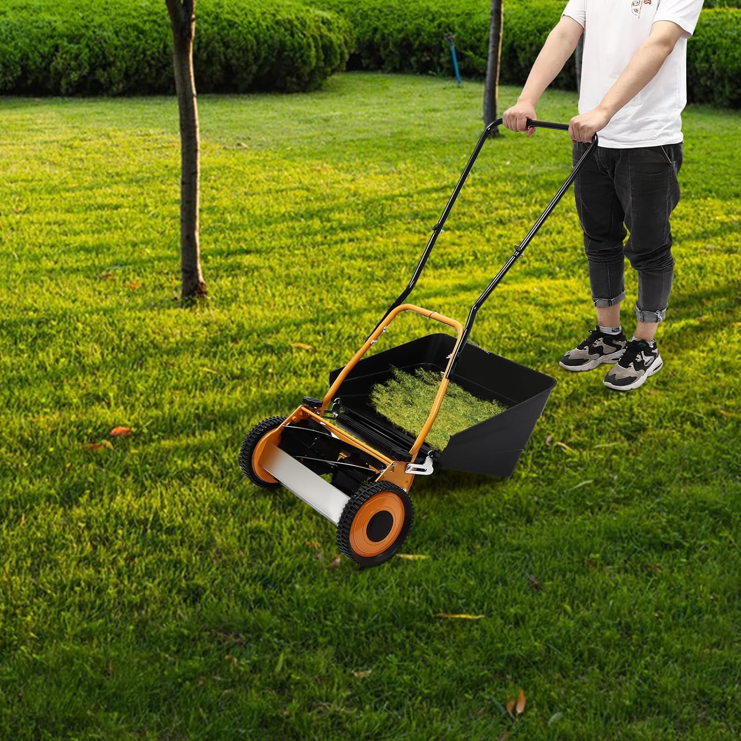 Push Reel Lawn Mower 16Inch Manual Push Mower Grass Trimmer with Grass Collecting Box Adjustable Cutting Height