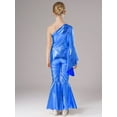 thumbnail image 6 of Yeahdor Girls Metallic Bell-Bottom Dance Jumpsuit One Shoulder Flare Sleeve Bodysuit Carnival Theme Party Costume Royal Blue 10, 6 of 7