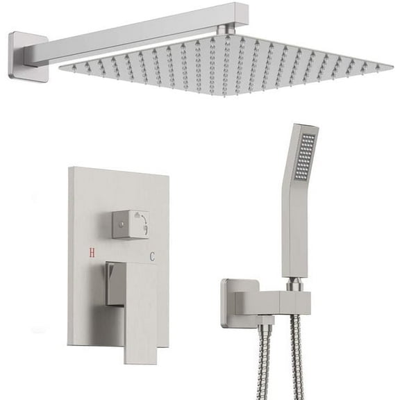 ANGELES HOME 12" Wall Mounted Shower Faucet Set, Shower System With Square Rain Shower Head and Handheld Shower, Rough in Valve, Hot Cold Water 2.5 GPM, Brushed Nickel
