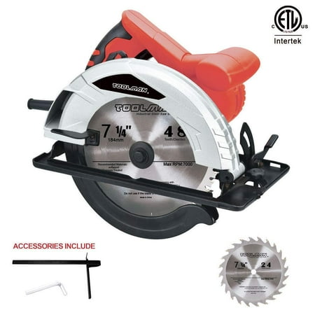 Toolman Circular Saw 7 1/4 inch with accessories included (8 inch scale ruler, wrench, 2 blades: 24T & 48T) Lightweight...