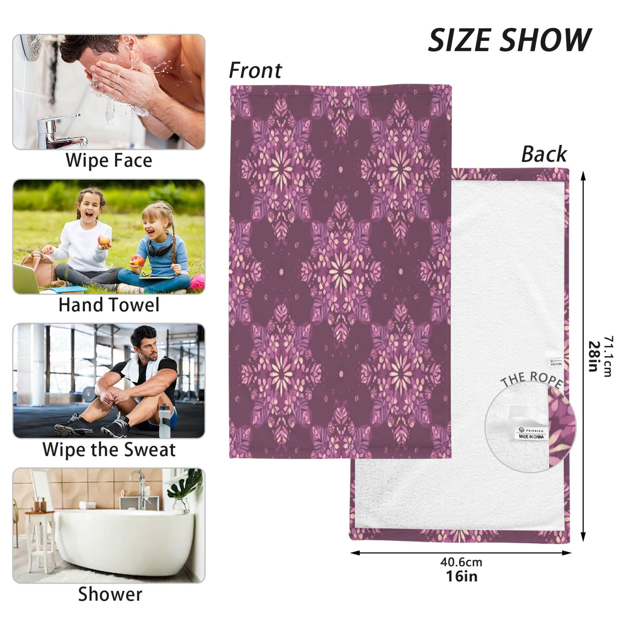 2 Pieces of Cotton Towel Face Towel Set Hand Towel Bath Towel Cotton Bath Towel Sets Plum Purple Geometric Blooms