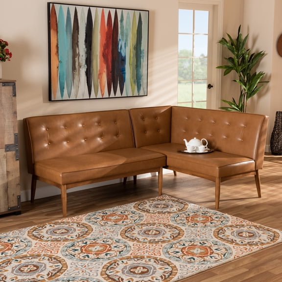 HomeStock Bohemian Bliss Tan Faux Leather Upholstered And Walnut Brown Finished Wood 2-Piece Dining Corner Sofa Bench