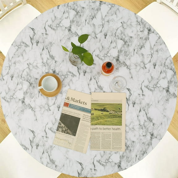 Protoiya Indoor Outdoor Patio Round Fitted Vinyl Tablecloth, Flannel Backing, Elastic Edge, Waterproof Wipeable Plastic Cover in White marble Pattern for 6-Seat Table of 44-55’’ Diameter