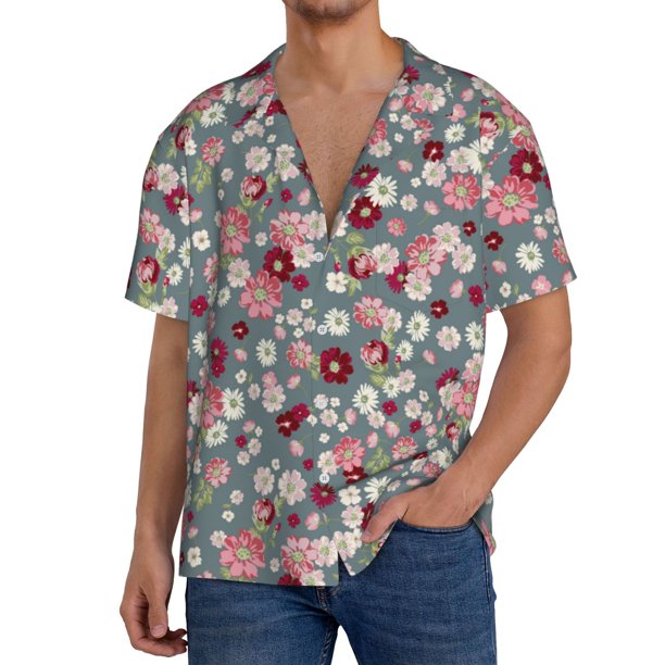 Balery Daisies Flowers Camisa Casual de Manga Corta con Botones para Hombre, Texturizada, Estilo Cubano, para Playa, Verano-Medium