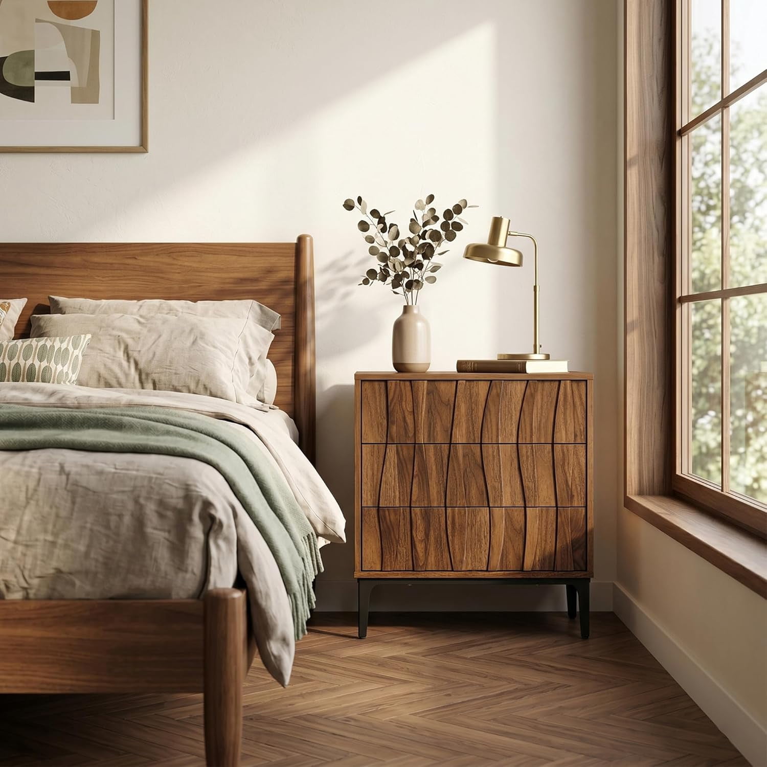 26” Tall Fluted 3 Drawer Walnut Nightstand, Mid-Century Modern Wood Bedside Table for Bedroom or Living Room
