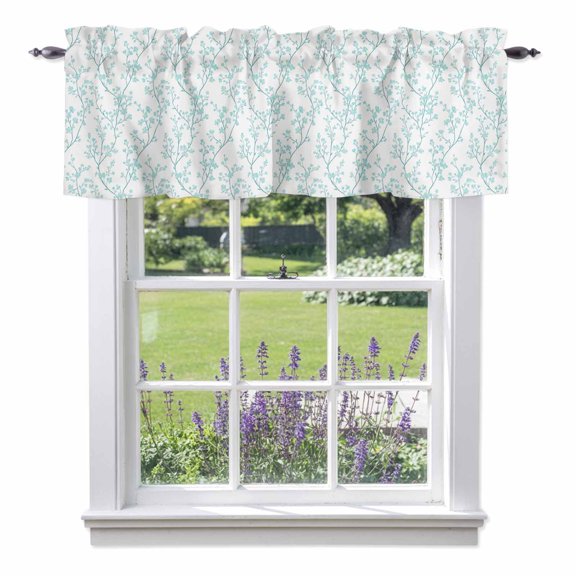 Teal Flowers Valance Curtains, Branches Rod Pocket Short Window Curtain for Kitchen Bathroom Bedroom, 42"x12"