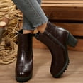 thumbnail image 2 of Womens Platform High Heels Chelsea Boots Fashion Leather Chunky Block Heeled Slip on Mid Calf Ankle Booties Brown Size 9, 2 of 6