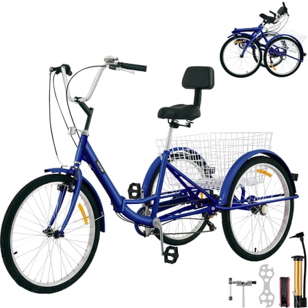 VEVOR Foldable Adult Tricycle 24  Wheels  7-Speed Trike 3 Wheels Bike with Basket  Portable and Foldable Bicycle for Adults Exercise Shopping Picnic Outdoor Activities  Blue