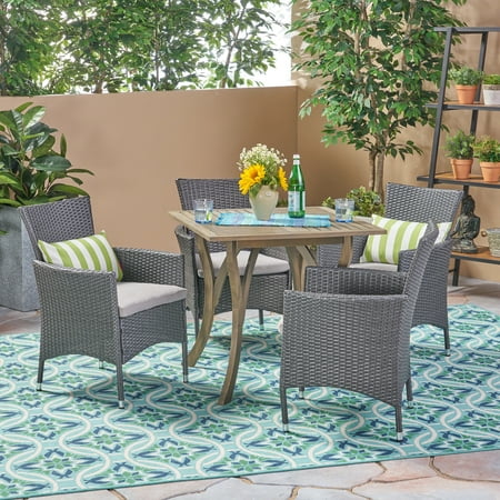Damien Outdoor 5 Piece Wood and Wicker Square Dining Set Gray Gray Silver