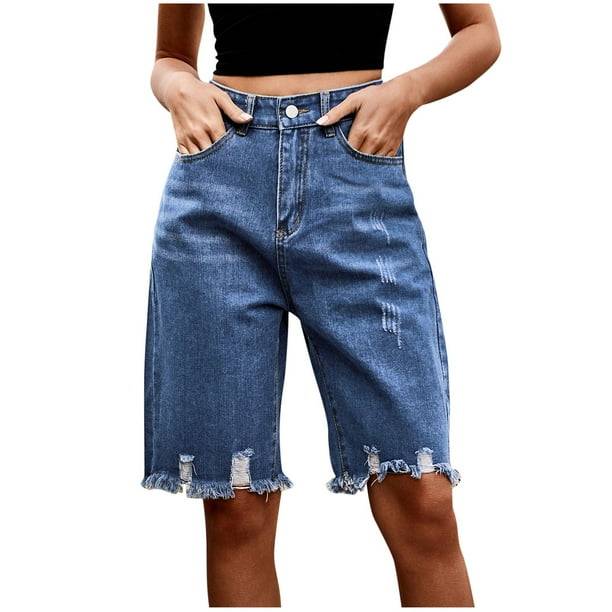 Jean Shorts Mujeres Casual Cintura Bolsillo Sólido Jeans Medio Shorts, Poliéster para la Calle de Primavera Verano Y el Uso Diario