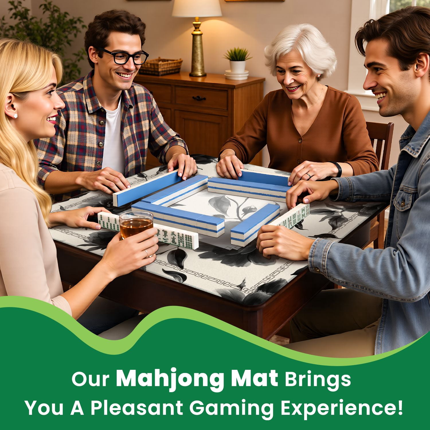 Mahjong Mat 31.5" x 31.5" Seamless black white flowers Hand draw abstract floral Non-Slip Noise Reduction American Mahjong Tiles Table Cover for Dominoes Poker Card Board Games Gift