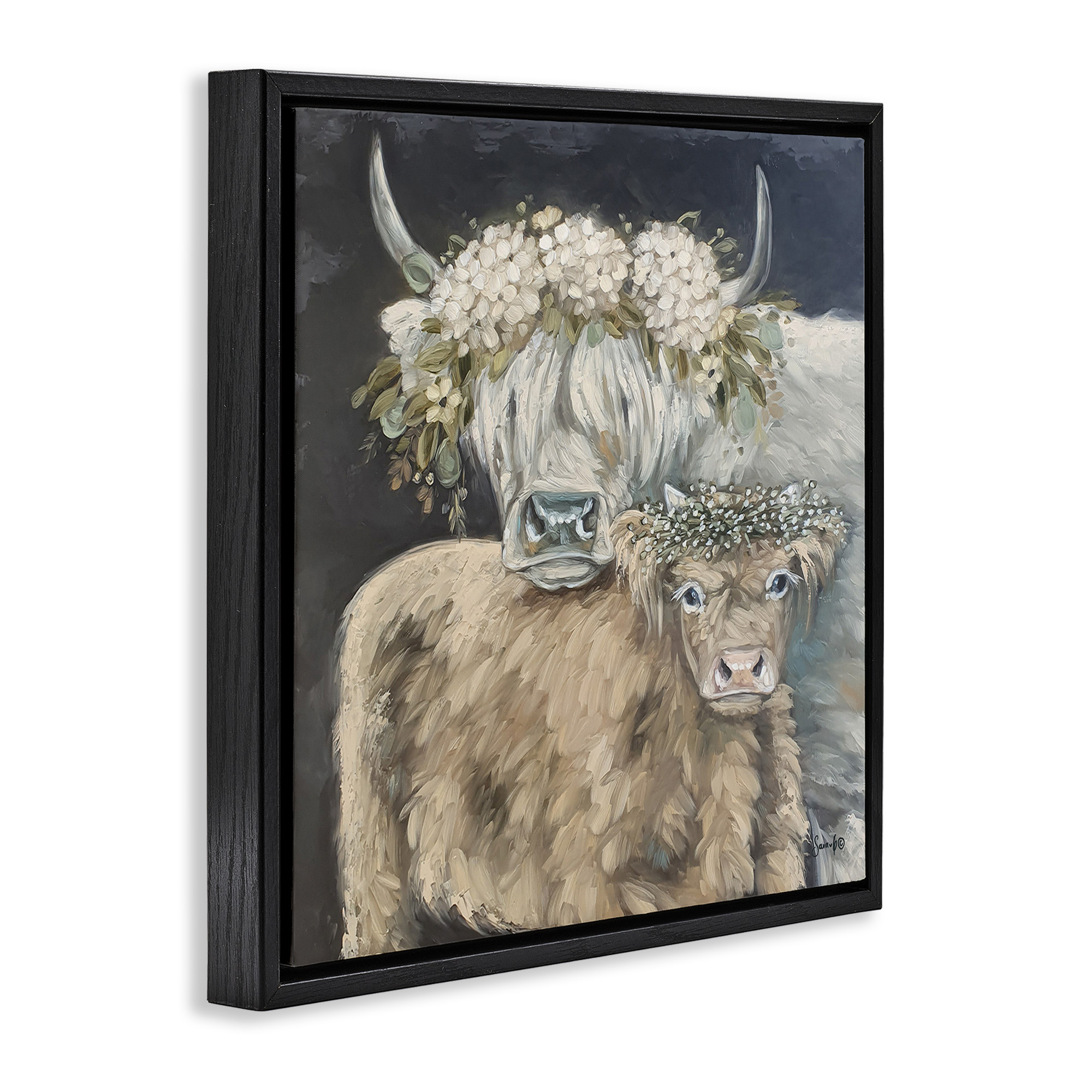Stupell Industries Highland Cattle with Flower Garlands Animals & Insects Painting Black Floater Framed Canvas Art Print Wall Art, 18 x 18