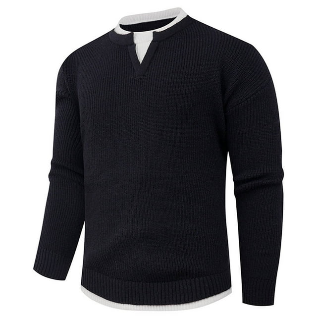 Wzzjkit Vêtements d'Automne Hommes Mode Décontractée Faux Deux Pièces Col Rond Chandail Élasticité Couche de Base Chandail à Manches Longues