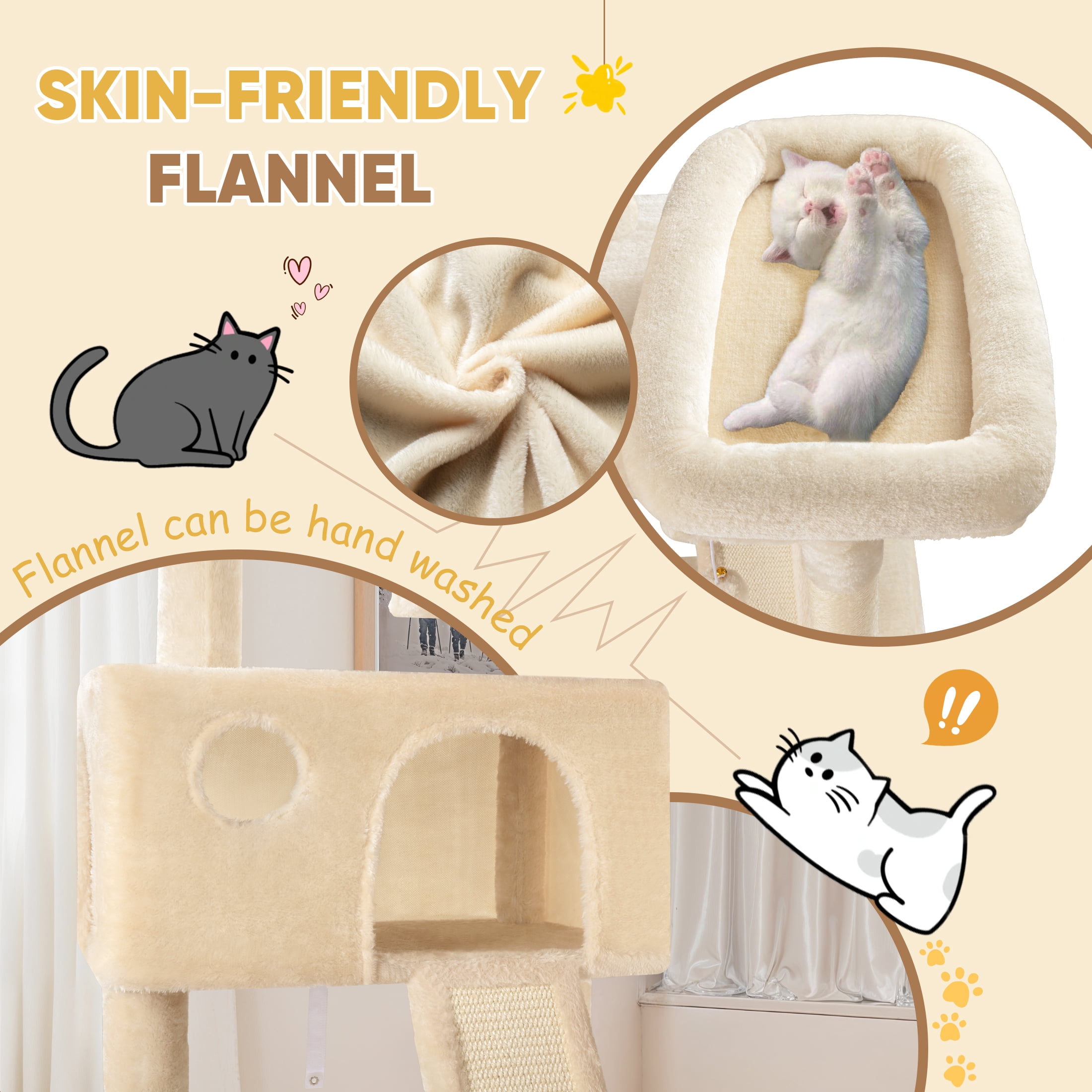 Einfach 65.7" Large Cat Tree and Tower for Cats, Condo House with Hammock, 2 Scratching Boards & 5 Scratching Posts, Beige