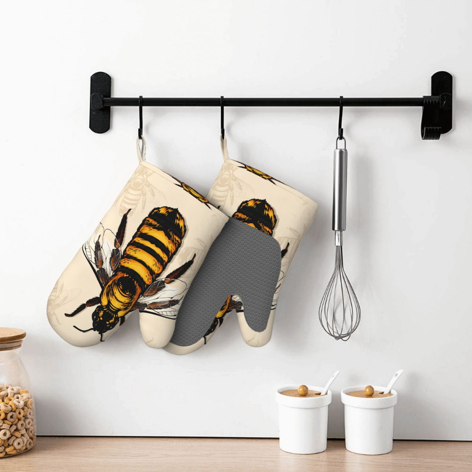 Hirioo Honey Bee for Silicone Oven Mitts for BBQ, Baking, Cooking, Set of 2, Heat Resistant 260℃, Non-Slip Kitchen Essentials