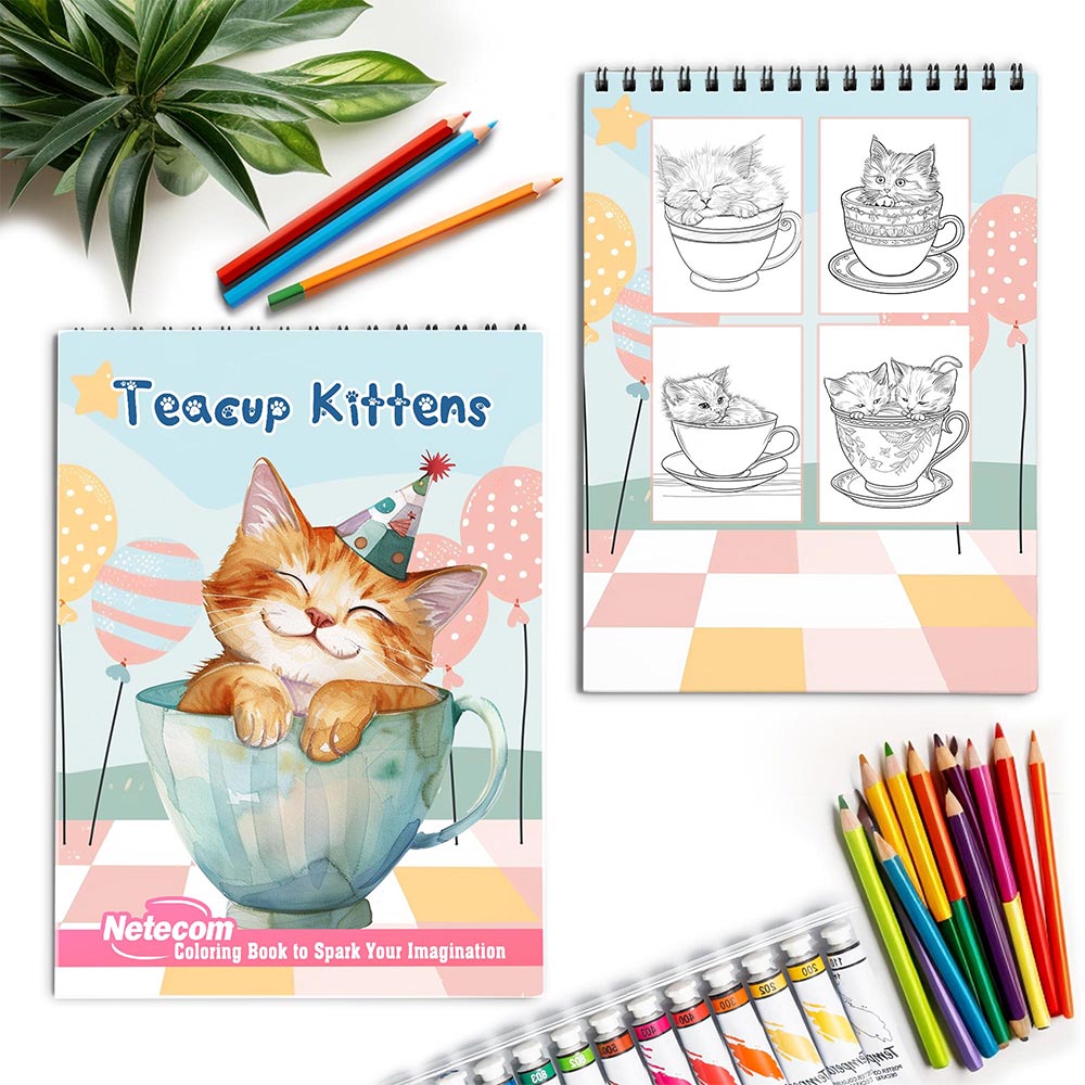 Netecom Teacup Kittens Coloring Book for Adults, Spiral Bound, Soft Cover