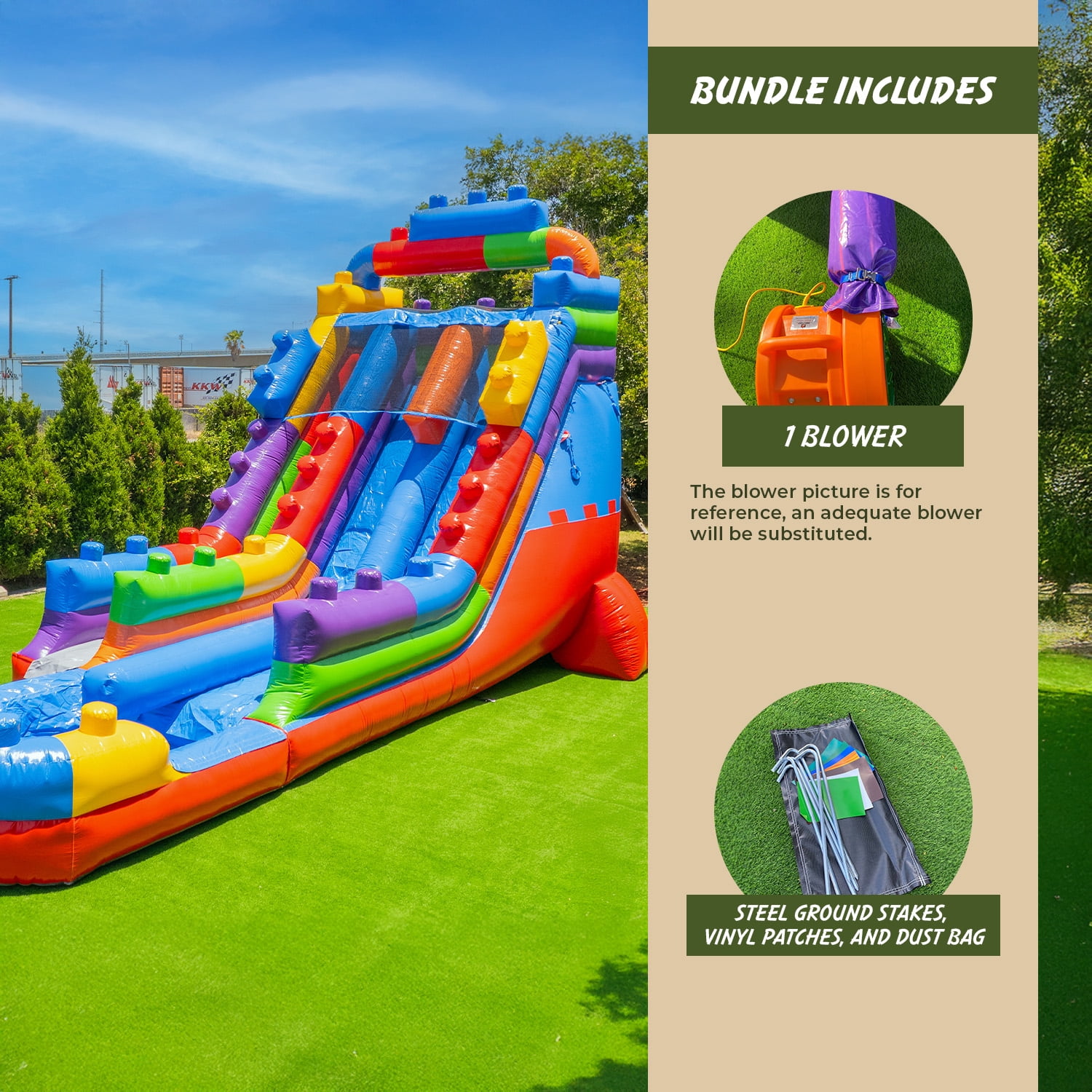XJUMP Block Party 19' Dual Lane Side Loader Water Slide with Pool, for Kids and Adults, Commercial Grade PVC Vinyl, Outdoor Backyard Fun, Blow Up Water Park, (Blower Included)
