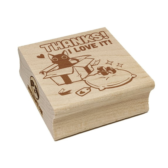 Thanks I Love It Cat with Present Thank You Square Rubber Stamp Stamping Scrapbooking Crafting - Large 2.75in